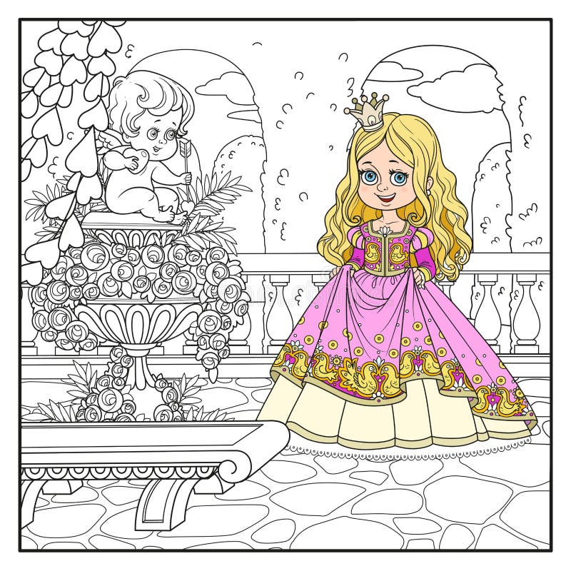 Nette Karikaturprinzessin im Palastpark Nähe Gartenmarmorvase mit einer Statue des Amors skizziert für Färbungsseite stock abbildung