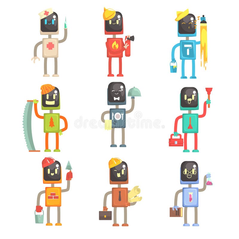 Nette Karikaturroboter in den verschiedenen Berufen stellten von bunten Charaktervektor Illustrationen ein stock abbildung Nette Karikaturroboter in den verschiedenen Berufen stellten von bunten Charaktervektor Illustrationen ein stock abbildung