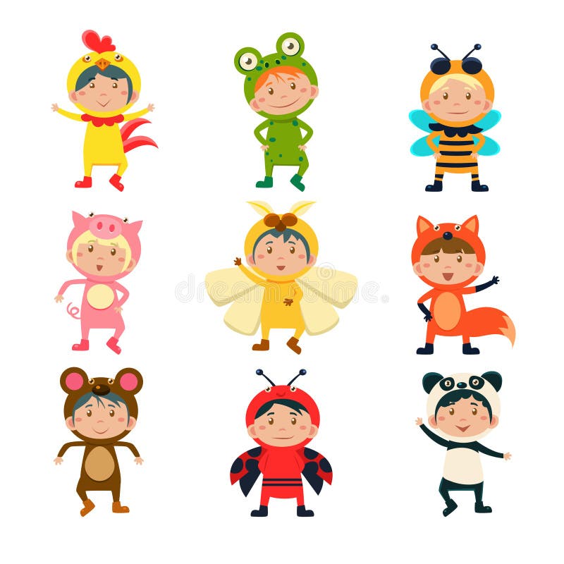 Cute Children Wearing Costumes of Animals Vector Illustration Set. Cute Children Wearing Costumes of Animals Vector Illustration Set