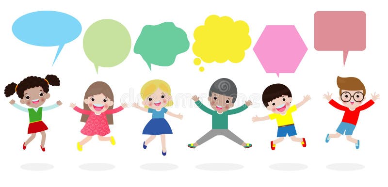Nette Kinder mit Rede sprudelt, die stilvollen Kinder, die mit Spracheblase, die Kinder springen, die mit Spracheballon sprechen vektor abbildung Nette Kinder mit Rede sprudelt, die stilvollen Kinder, die mit Spracheblase, die Kinder springen, die mit Spracheballon sprechen vektor abbildung