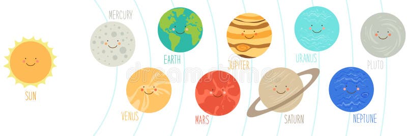Nette lächelnde Zeichentrickfilm-Figuren von Planeten des Sonnensystems Kindischer Hintergrund