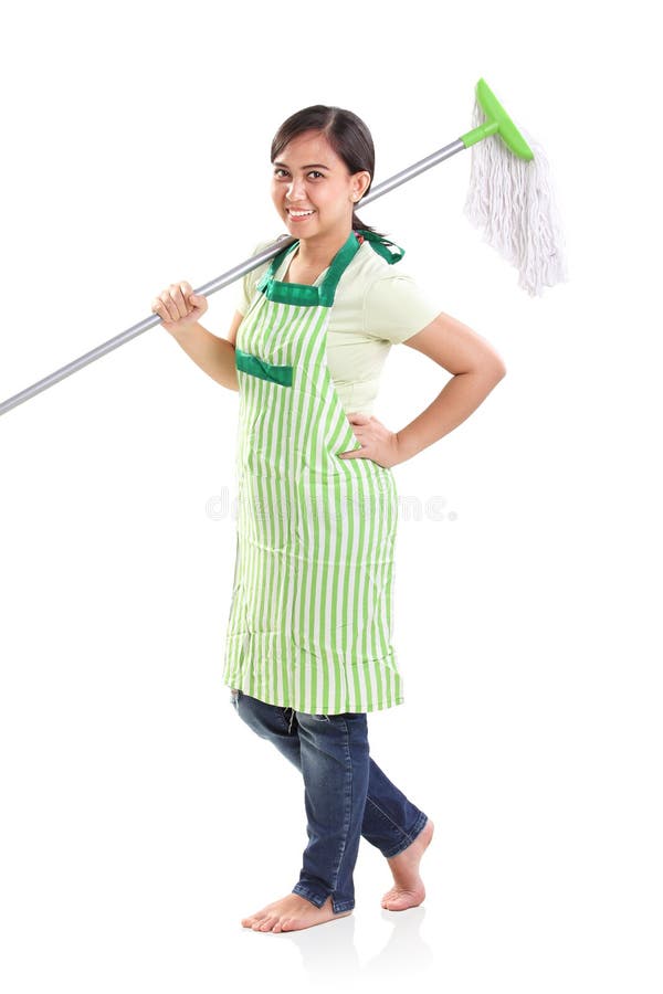 Nette Putzfrau und ihr Mopp, voller Körper lizenzfreies stockfoto Nette Putzfrau und ihr Mopp, voller Körper lizenzfreies stockfoto