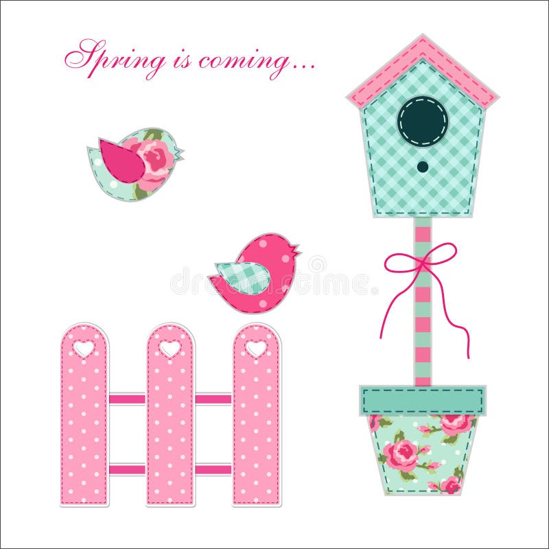 Cute retro spring and garden elements as fabric patch applique of bird house, flowers in pots and birds for your decoration. Cute retro spring and garden elements as fabric patch applique of bird house, flowers in pots and birds for your decoration