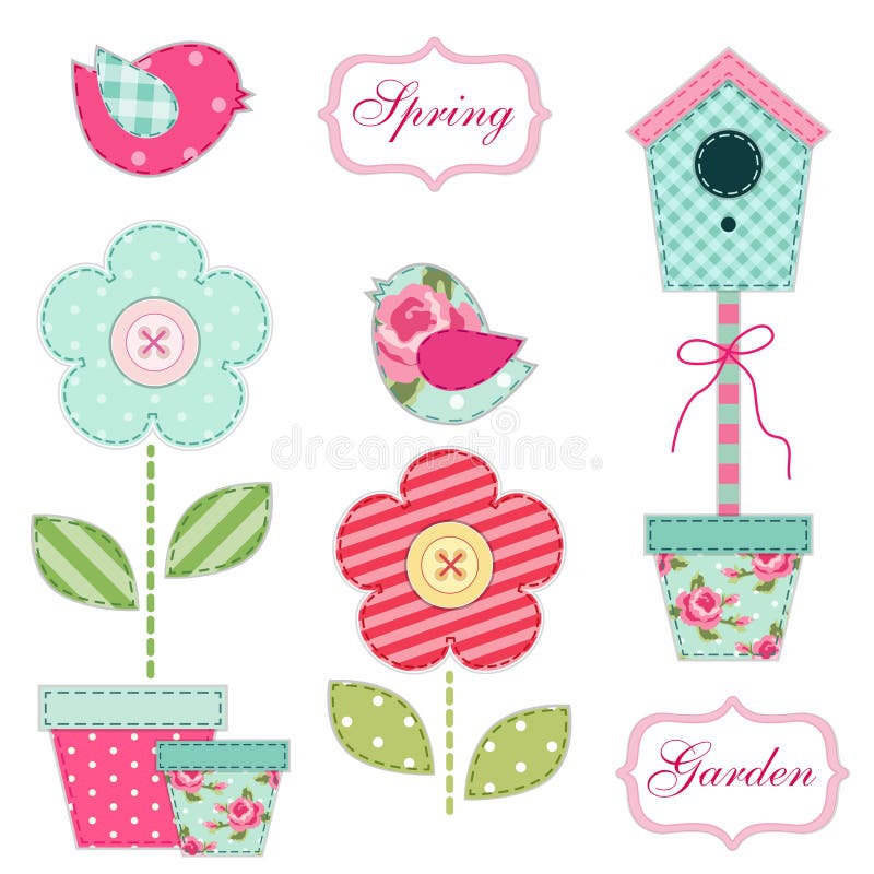 Cute retro spring and garden elements as fabric patch applique of bird house, flowers in pots and birds for your decoration. Cute retro spring and garden elements as fabric patch applique of bird house, flowers in pots and birds for your decoration