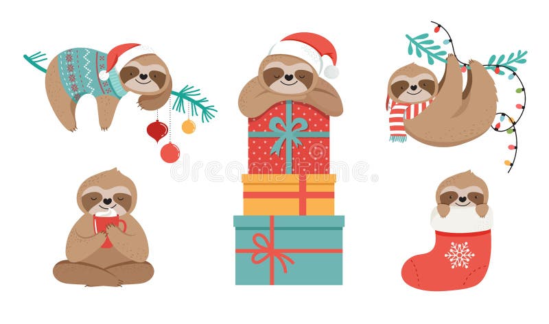 Cute sloths, funny Christmas illustrations with Santa Claus costumes, hat and scarfs, greeting cards set - stock vector banner. Cute sloths, funny Christmas illustrations with Santa Claus costumes, hat and scarfs, greeting cards set - stock vector banner