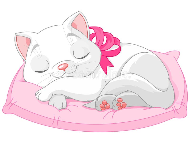 Illustration of cute white cat with pink bow seeping on pillow. Illustration of cute white cat with pink bow seeping on pillow