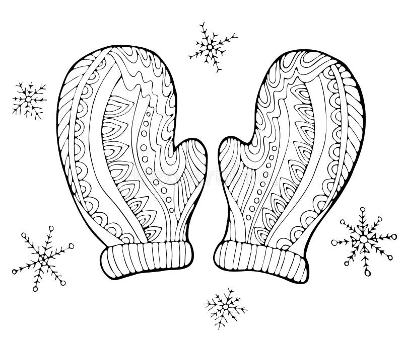 Nette Winterhandschuhe mit kleinen Dekor und verschiedenen Schneeflocken. Handzeichnungs-Feiertagsillustration. stock abbildung