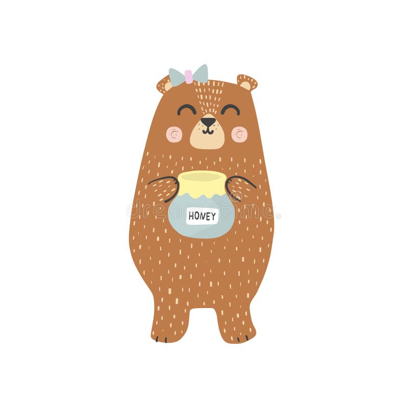 Netter brauner Grizzlybär mit einem Honigglas lizenzfreie abbildung