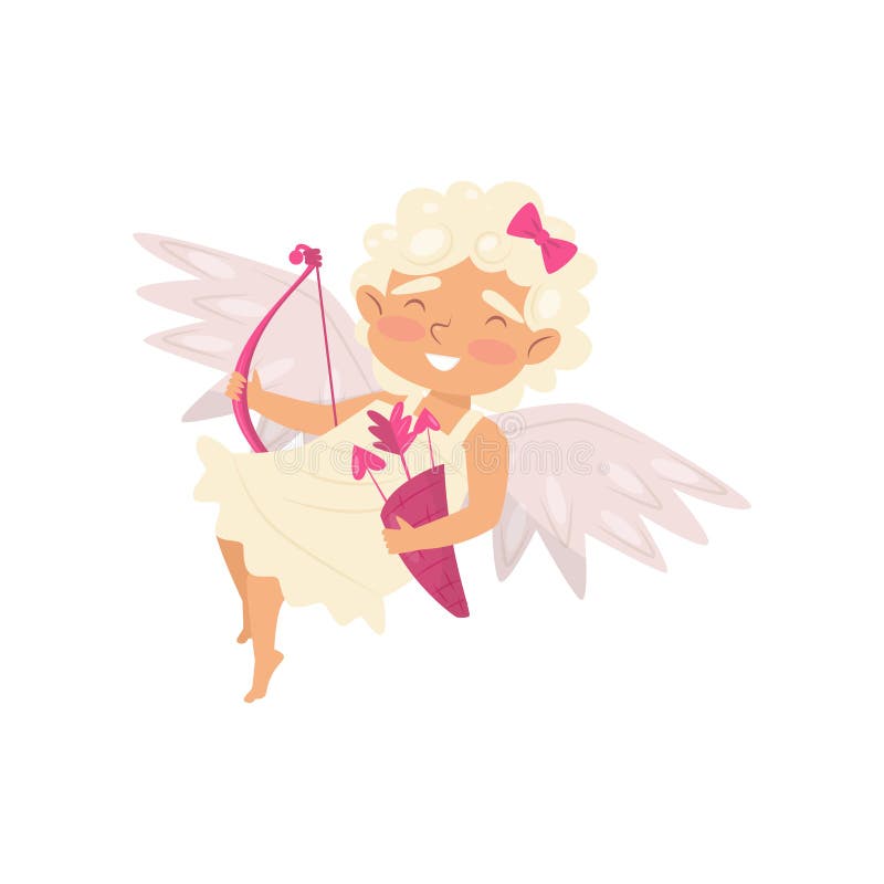 Netter Engel in der Fliegenaktion Entzückendes Baby, das rosa Pfeil und Bogen hält Flache Vektorikone lizenzfreie abbildung Netter Engel in der Fliegenaktion Entzückendes Baby, das rosa Pfeil und Bogen hält Flache Vektorikone lizenzfreie abbildung