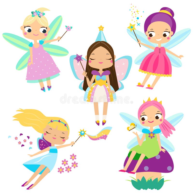 Cute Fairy set. Beautiful girl in fying fairy costumes. Funny winged elf princesses in cartoon style. Vector illustration for kids and babies. Cute Fairy set. Beautiful girl in fying fairy costumes. Funny winged elf princesses in cartoon style. Vector illustration for kids and babies