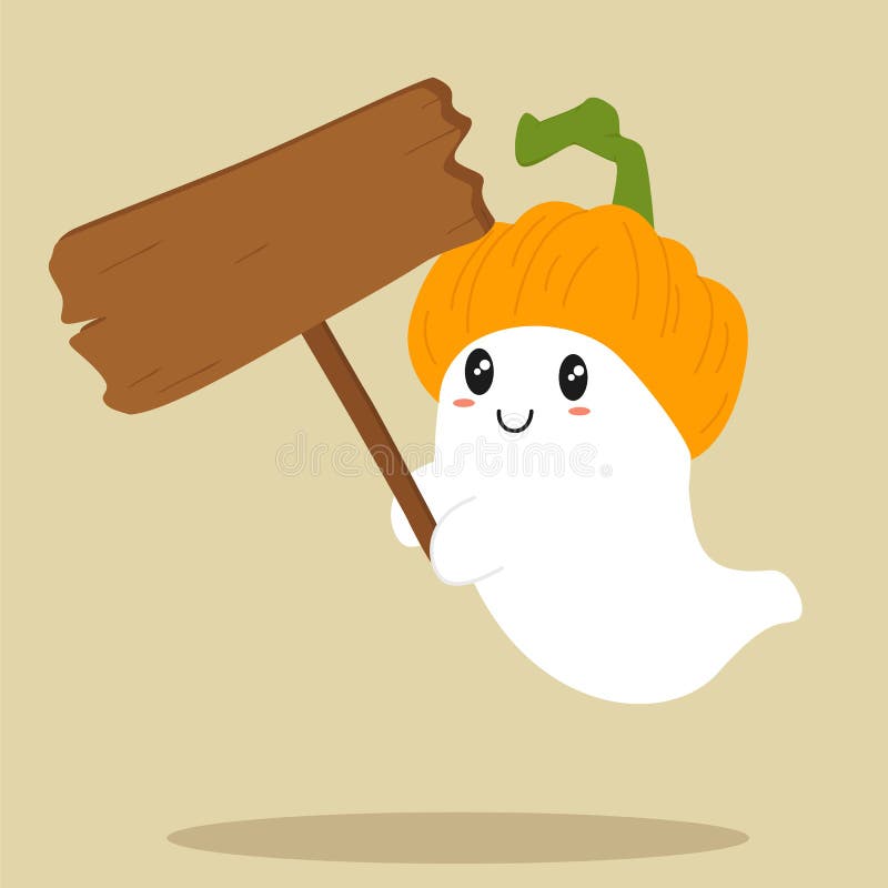 Netter Geist, der leeres Holzschild, Halloween-Karikatur-Vektor hält lizenzfreie abbildung Netter Geist, der leeres Holzschild, Halloween-Karikatur-Vektor hält lizenzfreie abbildung