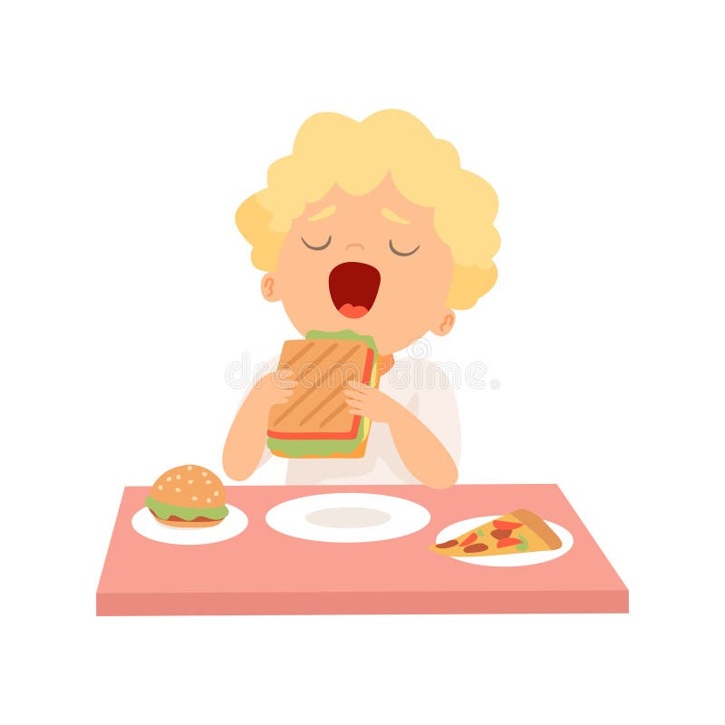 Netter Junge, der Sandwich, Kind genießt das Essen der Schnellimbiss-Vektor-Illustration isst