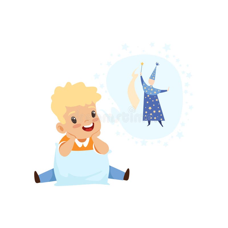 Netter Junge, der vom Werden ein Zauberer-, Kinderphantasie- und Fantasiekonzept, Vektor Illustration auf einem weißen Hintergrun lizenzfreie abbildung Netter Junge, der vom Werden ein Zauberer-, Kinderphantasie- und Fantasiekonzept, Vektor Illustration auf einem weißen Hintergrun lizenzfreie abbildung
