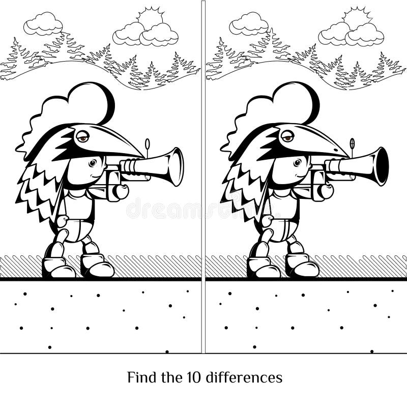 Cute cartoon boy. Character with a gun. Find ten differences visual puzzle and coloring page. Eps 8. Cute cartoon boy. Character with a gun. Find ten differences visual puzzle and coloring page. Eps 8
