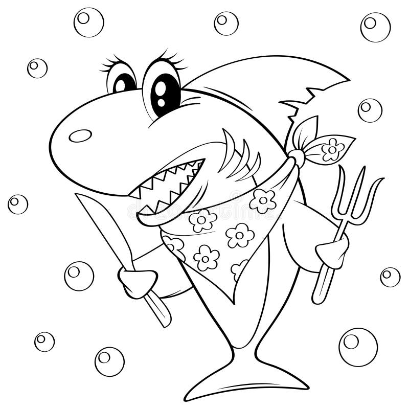 Netter Karikaturhaifisch mit Gabel und Messer Schwarzweiss-Vektorillustration für Malbuch stock abbildung Netter Karikaturhaifisch mit Gabel und Messer Schwarzweiss-Vektorillustration für Malbuch stock abbildung