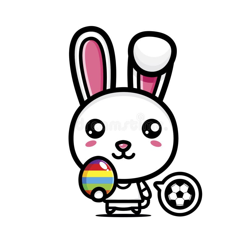 Netter Karikaturkaninchencharakter steht einem Fußballspieler, der Osterei Ostern-Tag hält an vektor abbildung