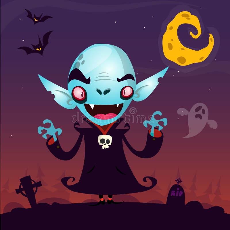 Netter Karikaturvampir Halloween-Vampirscharakter auf dunklem Hintergrund fith Kirchhof, Geist und Mond stock abbildung Netter Karikaturvampir Halloween-Vampirscharakter auf dunklem Hintergrund fith Kirchhof, Geist und Mond stock abbildung