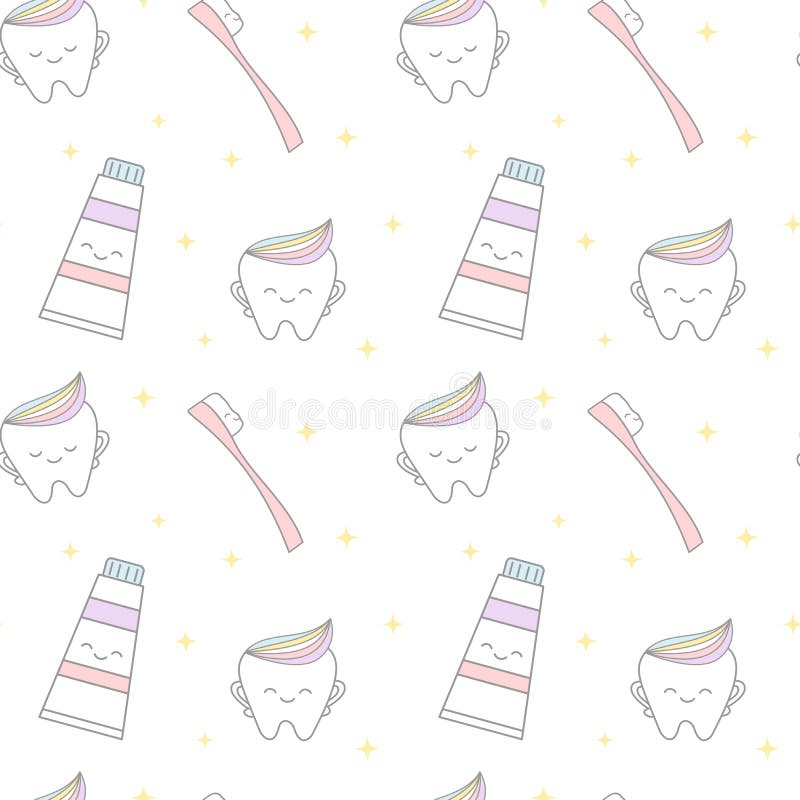 Netter Karikaturzahn mit Musterhintergrundillustration der Regenbogenzahnpasta und der rosa Zahnbürste nahtloser lizenzfreie abbildung