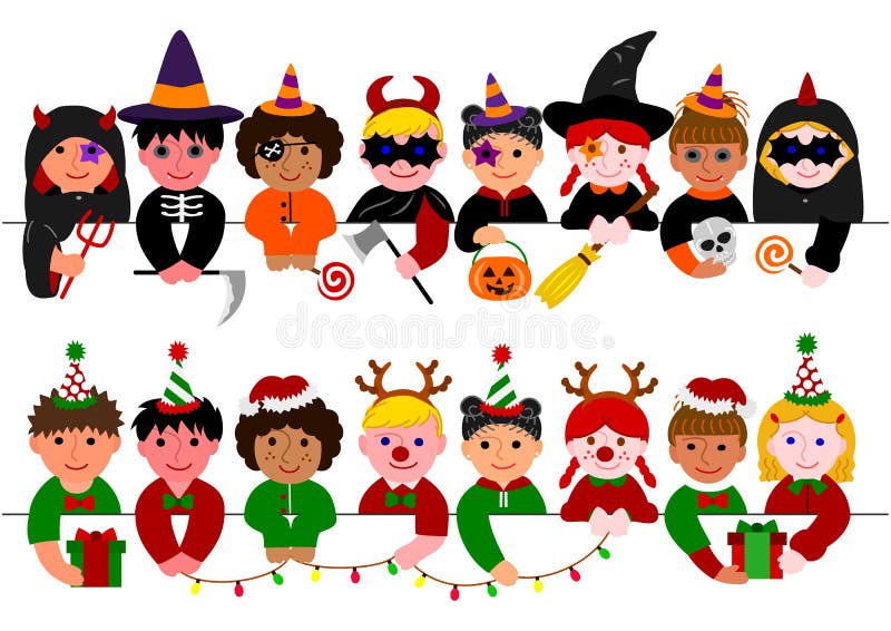 Cute kids border set, with Halloween costumes and with Christmas costumes. Cute kids border set, with Halloween costumes and with Christmas costumes.