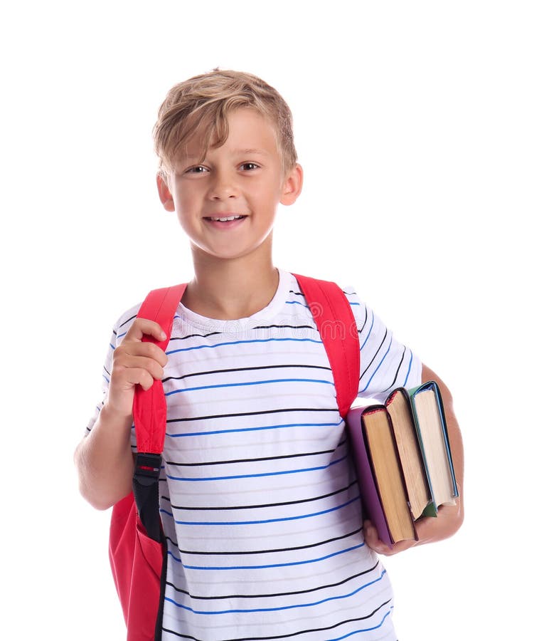 Netter kleiner Schüler mit Büchern auf weißem Hintergrund lizenzfreie stockfotografie Netter kleiner Schüler mit Büchern auf weißem Hintergrund lizenzfreie stockfotografie