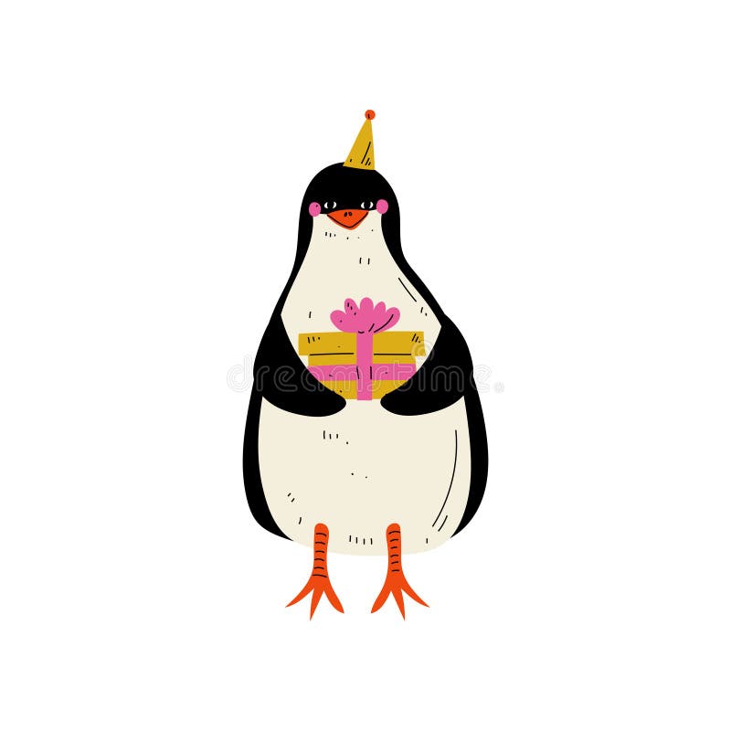 Netter Pinguin-tragender Partei-Hut, der mit Geschenkbox, Tiercharakter für alles- Gute zum Geburtstagentwurfs-Vektor-Illustratio vektor abbildung