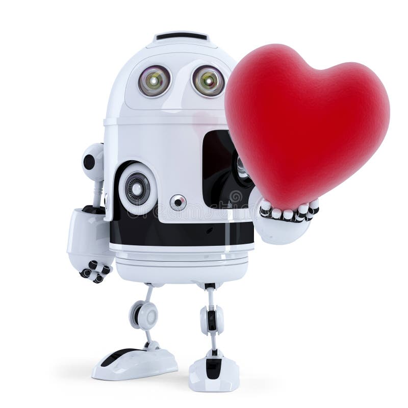 Netter Roboter, der ein großes rotes Herz hält. Lokalisiert vektor abbildung