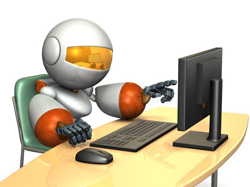 Netter Roboter zeigt die Anzeige vom Personal-Computer stock abbildung Netter Roboter zeigt die Anzeige vom Personal-Computer stock abbildung