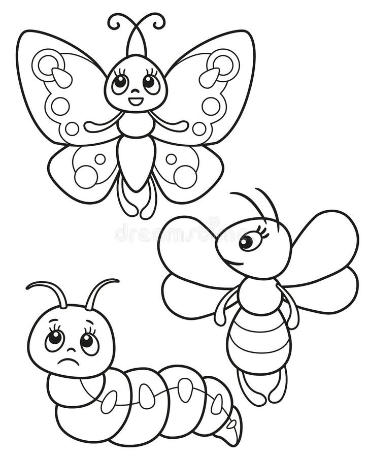 Netter Satz Von Lustigen Insekten Von Vektorschwarzweissabbildungen Schmetterling Von Biene Und Von Gleiskettenfahrzeug Fur Den Vektor Abbildung Illustration Von Fur Netter