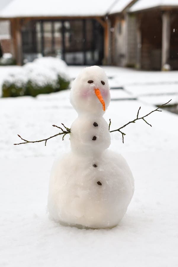Schneemann Im Garten Am Ersten Schnee Im Winter Stockbild
