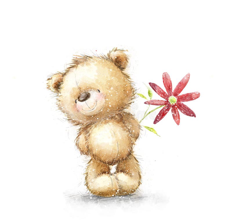 Netter Teddybär mit der roten Blume Ich liebe dich Abbildung des Vektor eps10