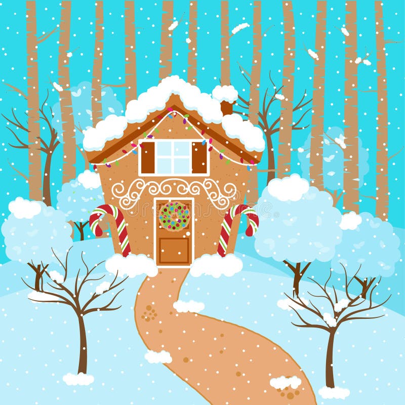 Cute Vector Background with Holiday Gingerbread House, Snow and Forest. Cute Vector Background with Holiday Gingerbread House, Snow and Forest