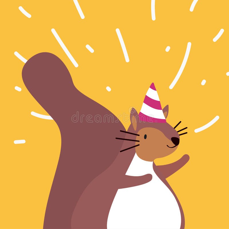 Nettes braunes Eichhörnchen, das eine Parteihutkarikatur-Vektorillustration trägt lizenzfreie abbildung