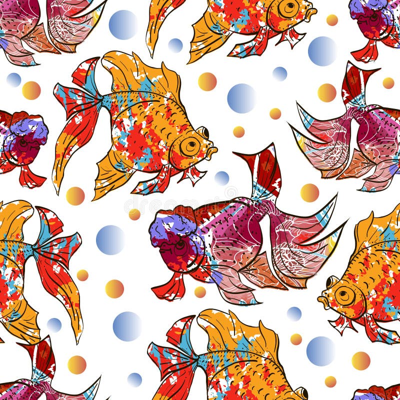 Nettes buntes nahtloses Muster mit Kalikogoldfisch und lionhead Goldfisch über weißem backgroud für Textil- oder Bucheinbänd, lizenzfreie abbildung Nettes buntes nahtloses Muster mit Kalikogoldfisch und lionhead Goldfisch über weißem backgroud für Textil- oder Bucheinbänd, lizenzfreie abbildung