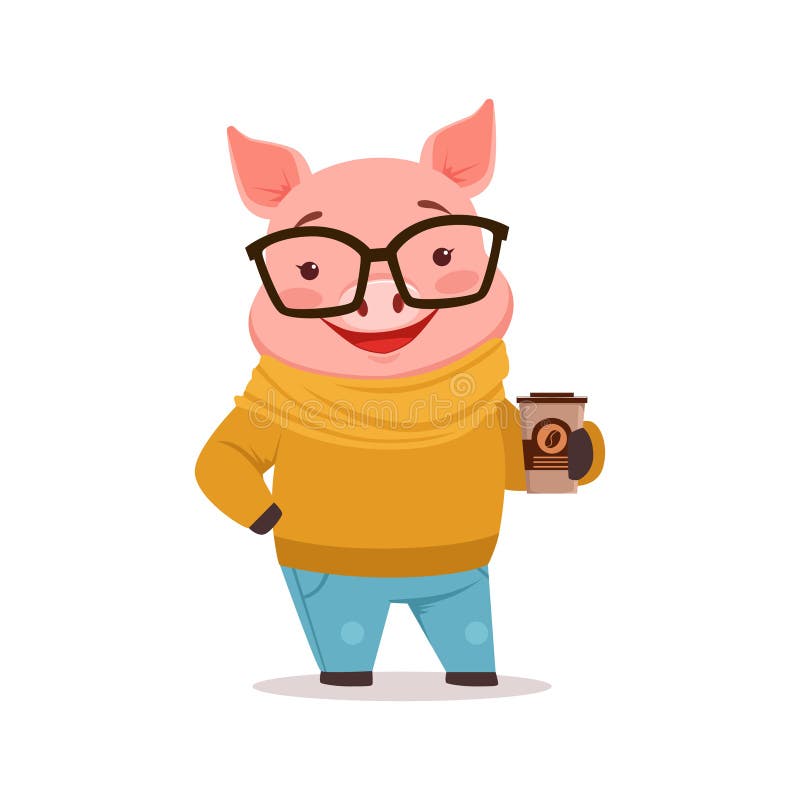 Nettes glückliches Schwein kleidete oben in der Strickjacke und in Jeans an, die mit Kaffeetasse, das lustige Karikaturtier stehe stock abbildung Nettes glückliches Schwein kleidete oben in der Strickjacke und in Jeans an, die mit Kaffeetasse, das lustige Karikaturtier stehe stock abbildung