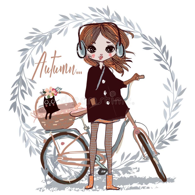 Cute autumn girl with cat and bicycle. Cute autumn girl with cat and bicycle