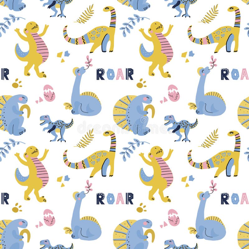 Nettes kindisches nahtloses Vektormuster mit Dinosauriern mit Eiern, Dekor und W?rtern Dino Lustige Karikatur Dino Hand gezeichne stockbilder Nettes kindisches nahtloses Vektormuster mit Dinosauriern mit Eiern, Dekor und W?rtern Dino Lustige Karikatur Dino Hand gezeichne stockbilder
