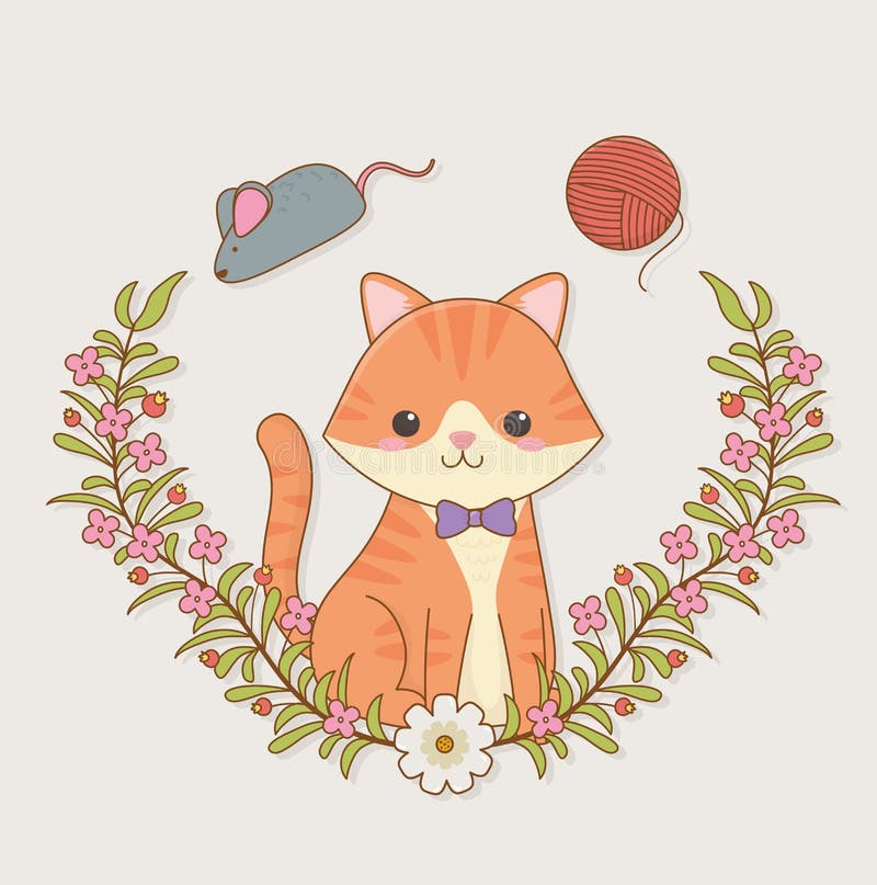 Nettes kleines Katzenmaskottchen mit Wollrolle und Mäusespielzeug lizenzfreie abbildung Nettes kleines Katzenmaskottchen mit Wollrolle und Mäusespielzeug lizenzfreie abbildung