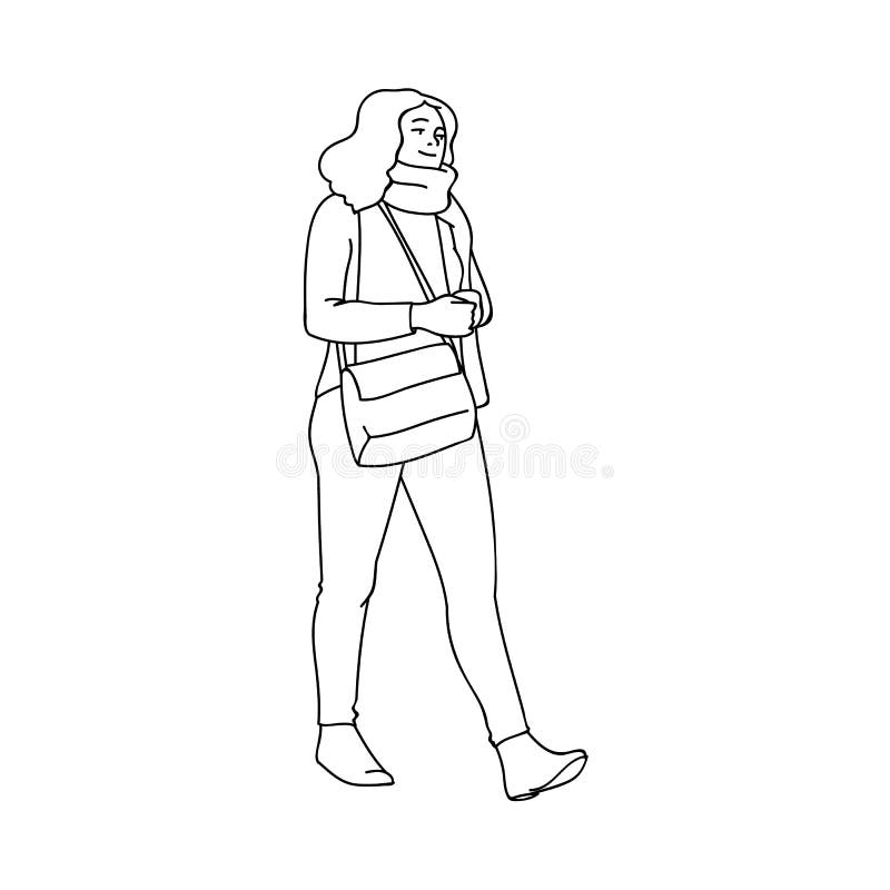 Nettes Mädchen mit der crossbody Tasche, die einen Spaziergang macht Schwarze Linien lokalisiert auf wei?em Hintergrund Konzept V