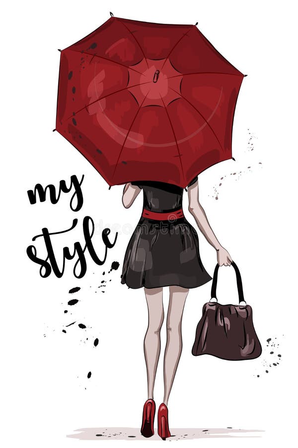 Nettes Mädchen mit rotem Regenschirm Hand gezeichnete Modefrau skizze