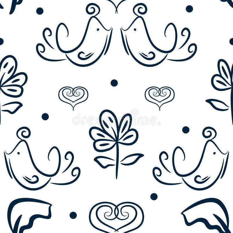 Nettes nahtloses mit Blumenmuster mit den Vögeln, Blumen und Herzen eigenhändig gezeichnet Skizze, Gekritzel vektor abbildung Nettes nahtloses mit Blumenmuster mit den Vögeln, Blumen und Herzen eigenhändig gezeichnet Skizze, Gekritzel vektor abbildung