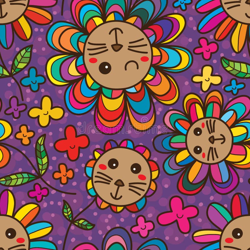 This illustration is drawing cute cat with colorful petals colors in purple background seamless pattern. This illustration is drawing cute cat with colorful petals colors in purple background seamless pattern.