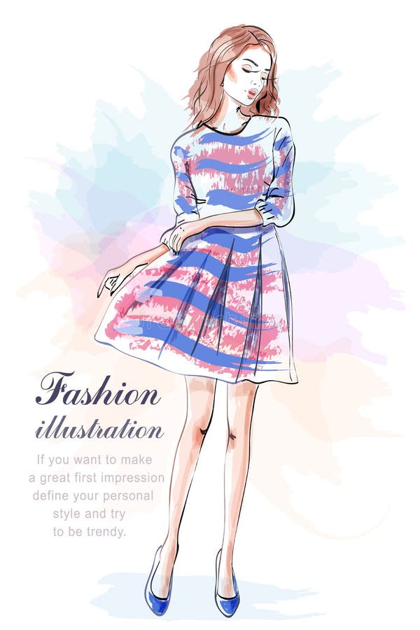 Nettes stilvolles junges Mädchen im Kleid Hand gezeichnete Kleidung der Schönheit in Mode skizze stock abbildung Nettes stilvolles junges Mädchen im Kleid Hand gezeichnete Kleidung der Schönheit in Mode skizze stock abbildung