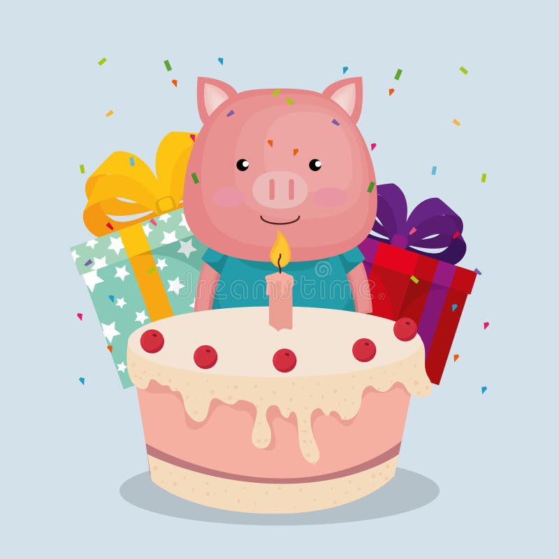 Nettes und kleines Schwein mit Geschenken und Kuchen vektor abbildung Nettes und kleines Schwein mit Geschenken und Kuchen vektor abbildung