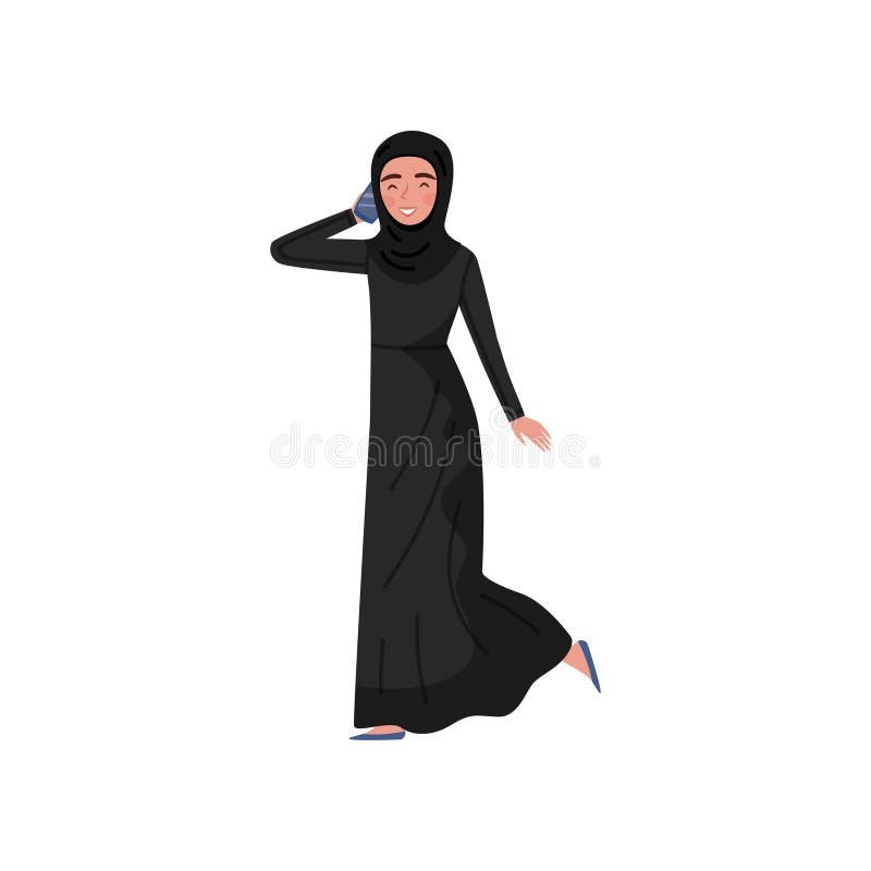 Nettes Unterhaltungstelefon der Geschäftsfrau mit Kunden Junges moslemisches Mädchen im langen schwarzen Kleid und im hijab Flach vektor abbildung Nettes Unterhaltungstelefon der Geschäftsfrau mit Kunden Junges moslemisches Mädchen im langen schwarzen Kleid und im hijab Flach vektor abbildung