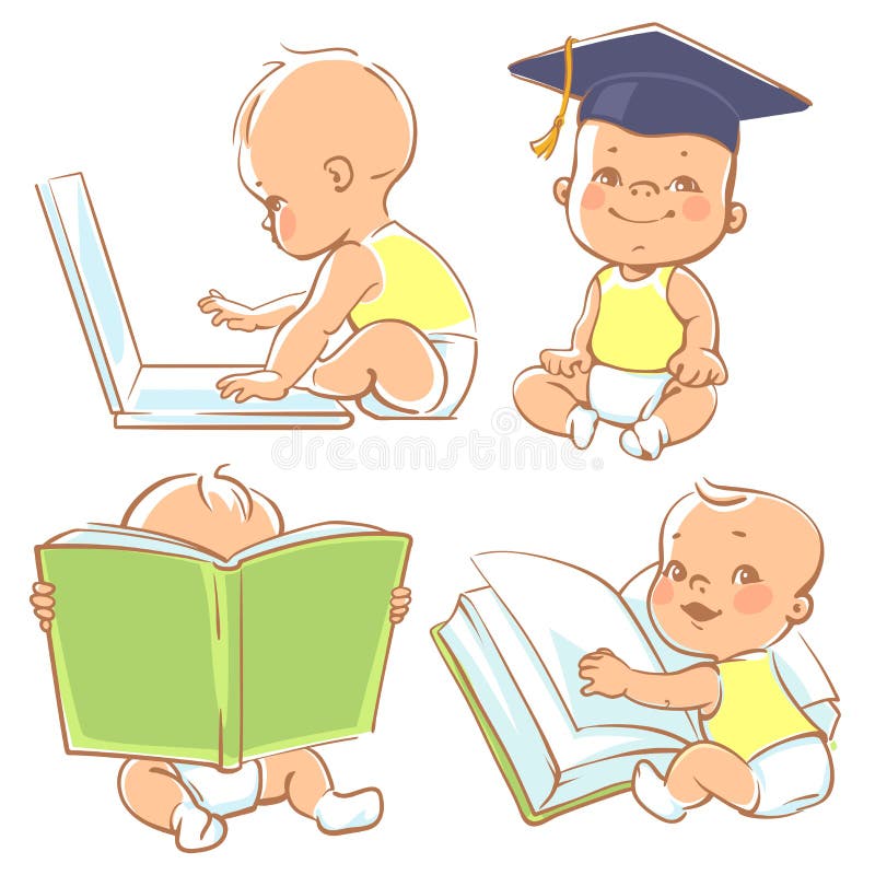 Set with genius babies in diapers. Cute boy reading book. Toddler in graduate cap. Baby with computer. Concept of development of abilities of child and investment in the future of baby. Set with genius babies in diapers. Cute boy reading book. Toddler in graduate cap. Baby with computer. Concept of development of abilities of child and investment in the future of baby