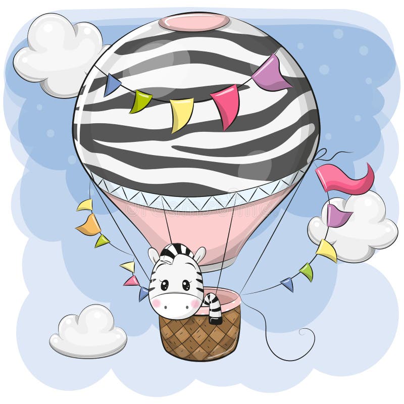 Nettes Zebra fliegt auf einen Heißluftballon
