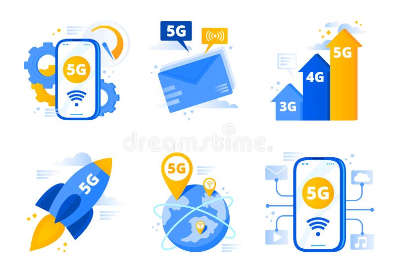 Netwerk 5g Vijfde generatietelecommunicaties, snelle Internet-verbindingssnelheid en de lage vector van latentienetwerken stock illustratie Netwerk 5g Vijfde generatietelecommunicaties, snelle Internet-verbindingssnelheid en de lage vector van latentienetwerken stock illustratie