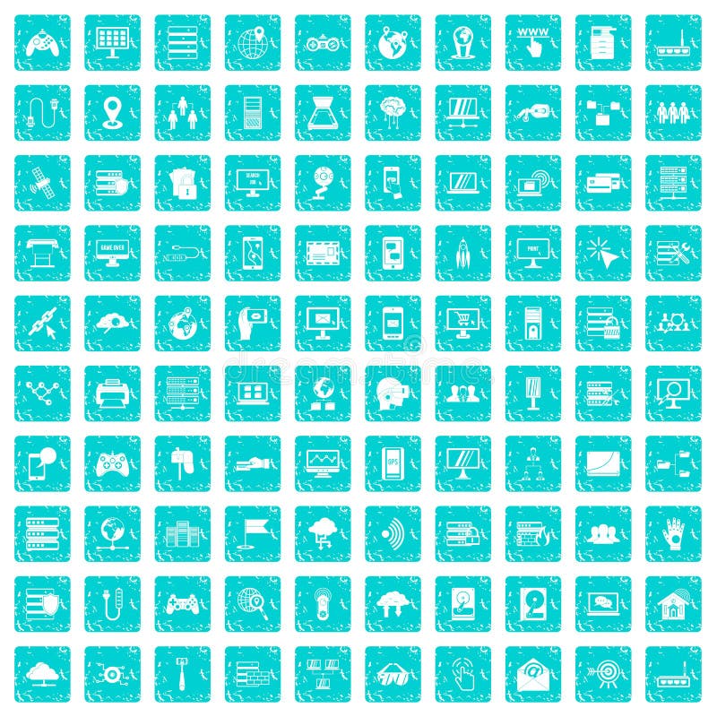 100 network icons set in grunge style blue color isolated on white background vector illustration. 100 network icons set in grunge style blue color isolated on white background vector illustration
