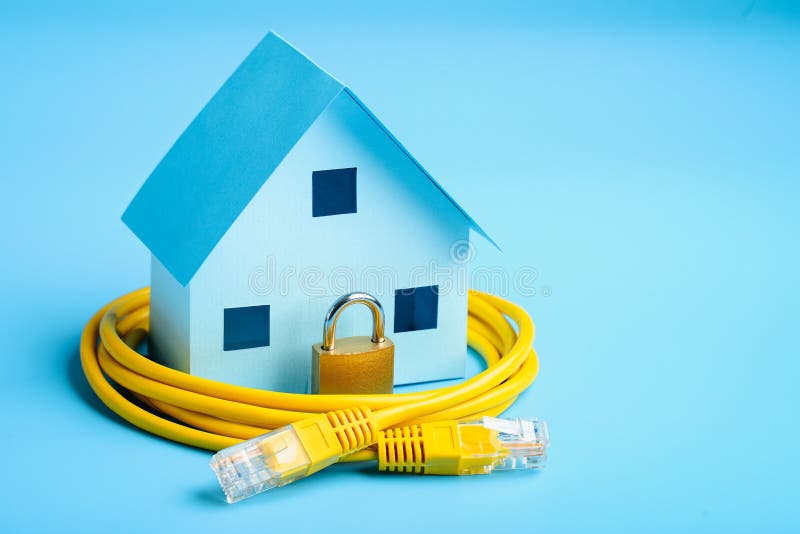 Network Cable, House Model and Padlock Cyber Security Concept Stock