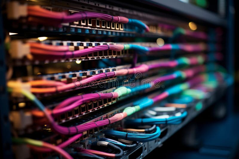 Network cables connected to server rack for efficient data connectivity management stock images